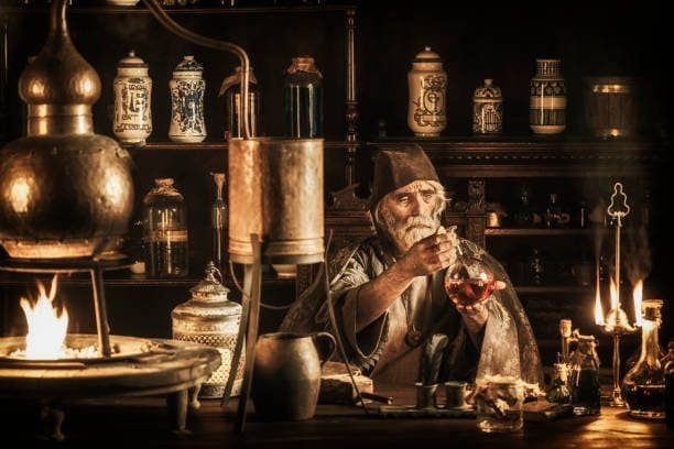 medieval alchemist in his laboratory