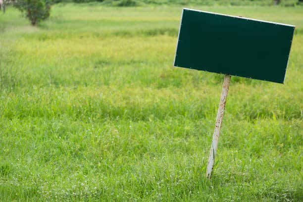 the sign is in the middle of the garden.